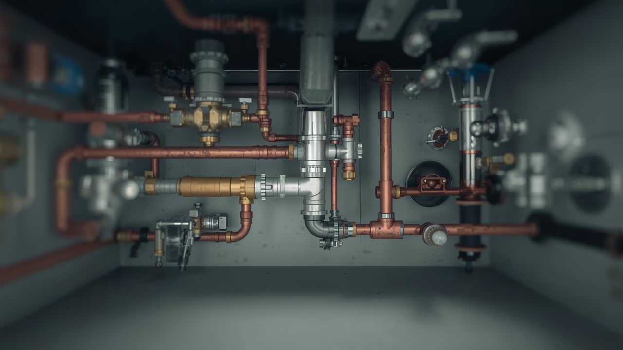 Shifting camera focus and lighting revealing central copper pipes with valves in cabinet for check