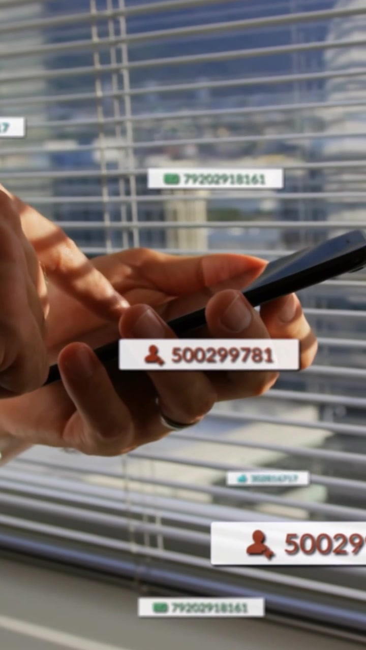 Hands tapping and rotating phone near blinds, generating floating numeric labels for data review