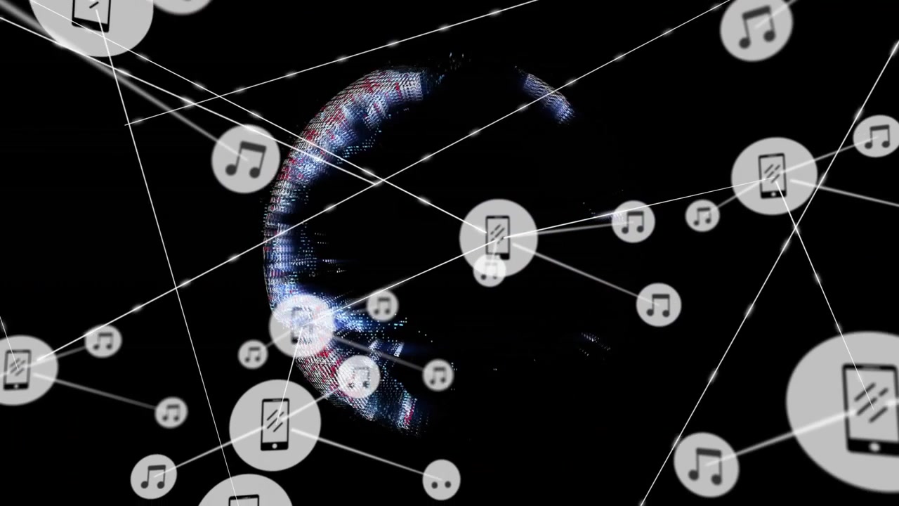 Dark void revealing pixelated globe initiating network growth with phone and music icons linking
