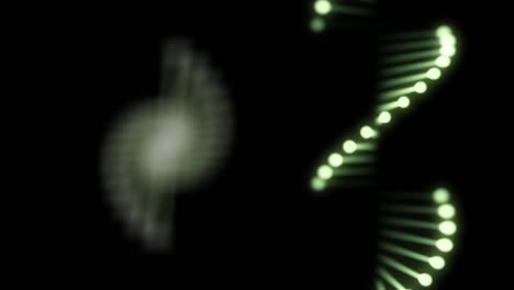 3d animation of two shimmering dna on a black background. 60fps. one object is oblique, the other is over look.