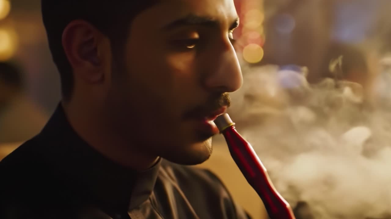 A Moment of Reflection: Enjoying the Last Puff from a Hookah in a Lively Atmosphere Surrounded by Friends and Laughter