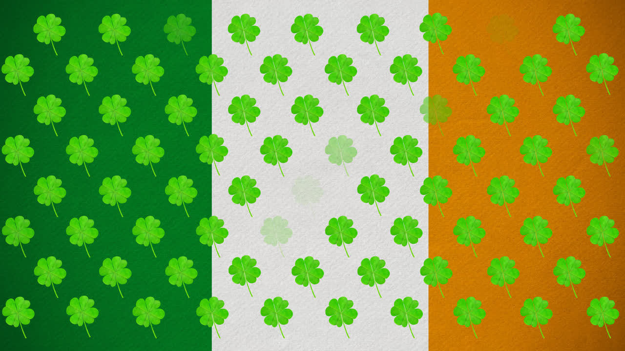 animación digital de múltiples hojas de trébol flotando contra la bandera irlandesa