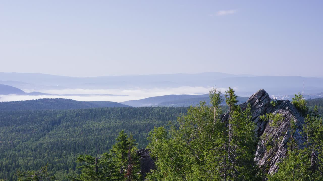 vista de la montaña con valle nebuloso y bosque exuberante