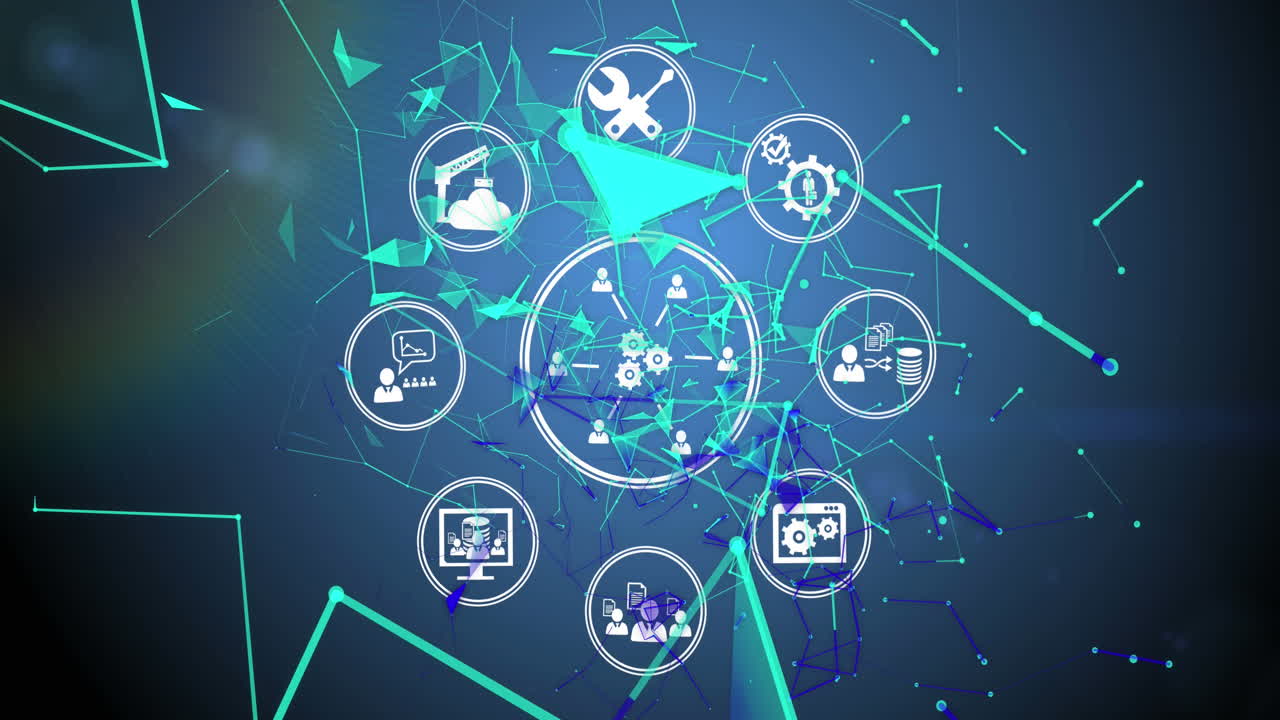 animación de la red de iconos digitales y la red de conexiones sobre fondo azul