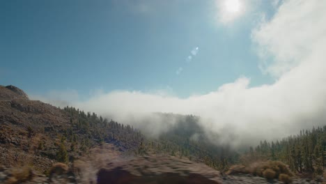 Eine-Wunderschöne-Aussicht-Auf-Einen-Berghang-Mit-Pinien,-Die-Von-Flauschigen-Wolken-Bedeckt-Sind