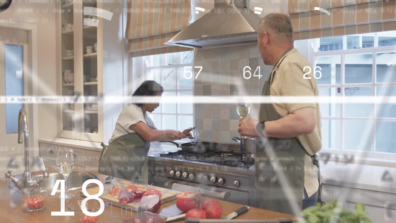 Woman starting chopping tomato in home kitchen, man pouring oil at stove, HUD guiding food prep