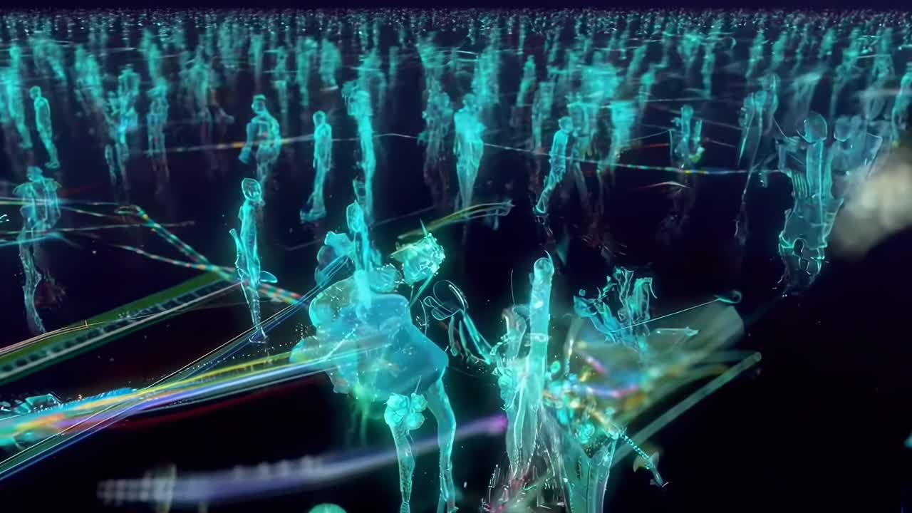 Futuristic video concept with digital figures connected by lines, viewed from a high angle