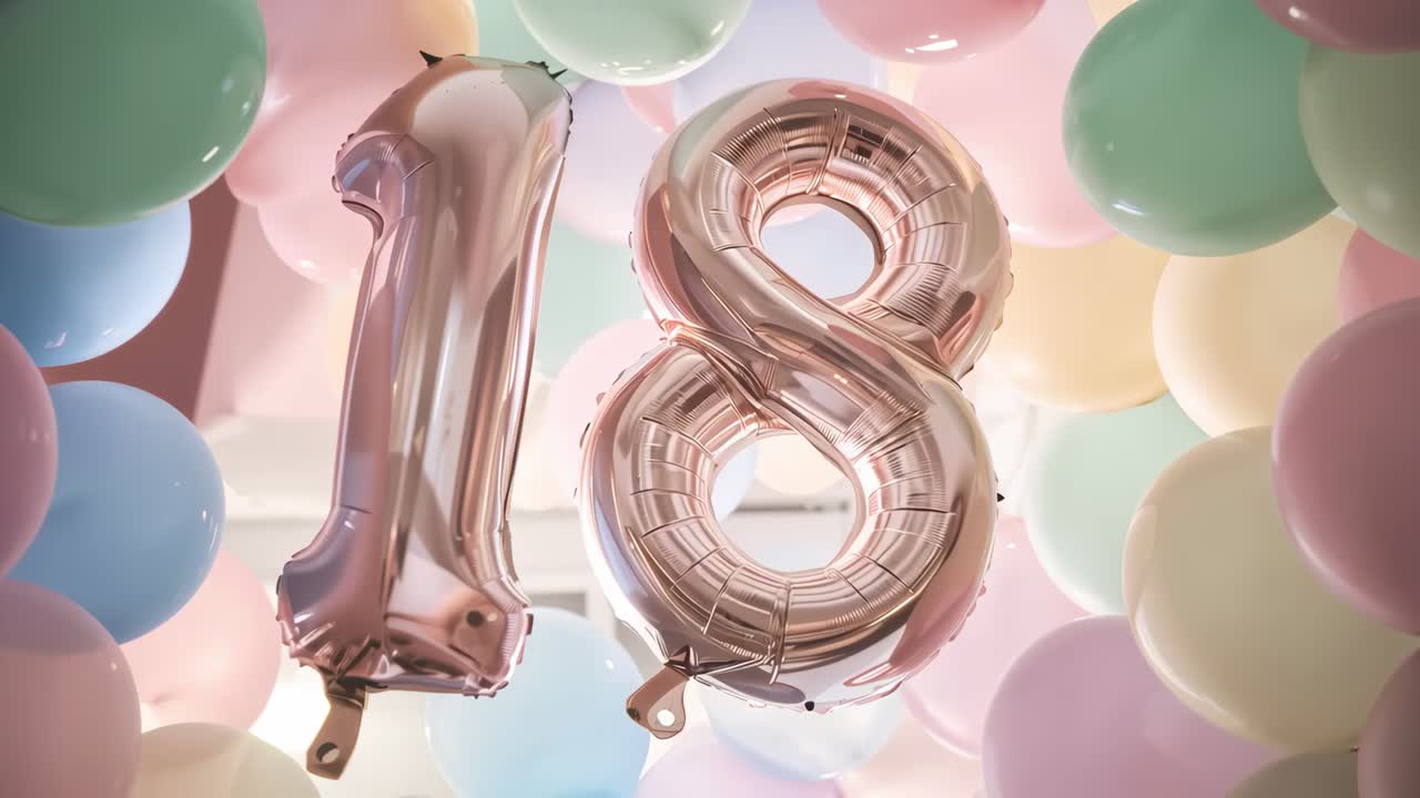 Skylight draft lifting pastel balloons upward, revealing glow behind metallic rose-gold 18