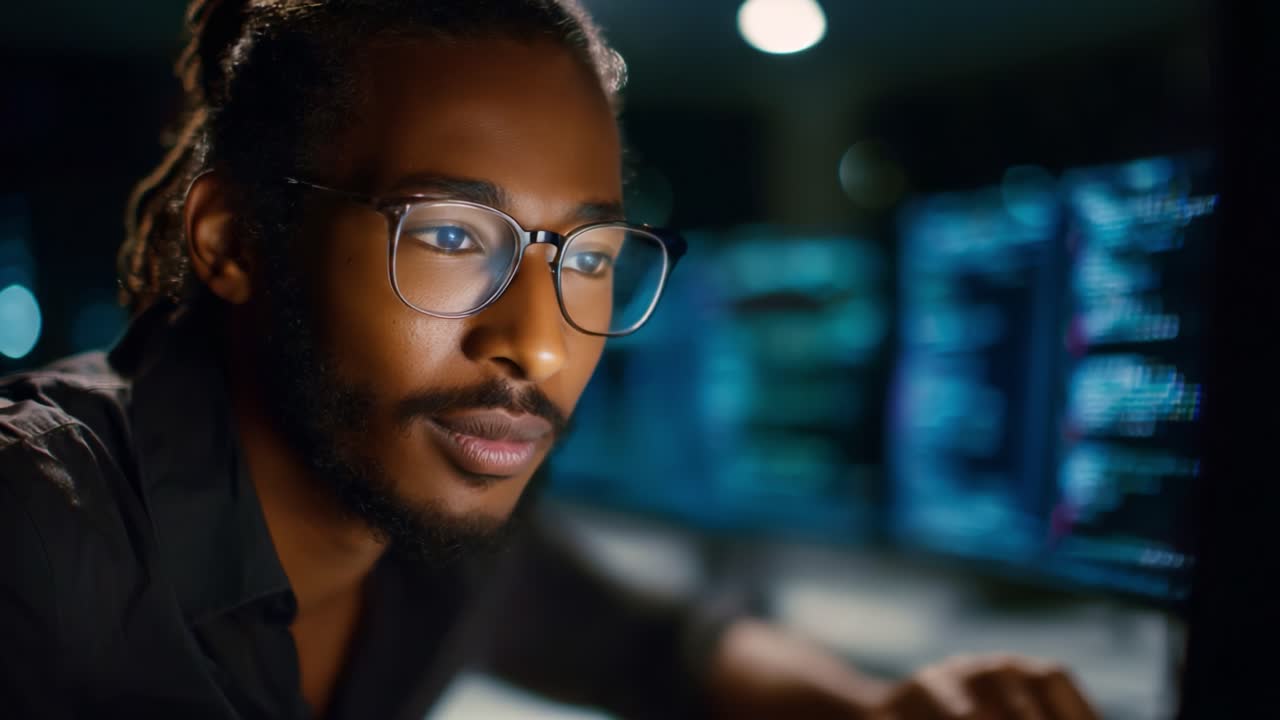 Fokuseret programmør analyserer kode på computer om natten under labsession, optaget af kompleks problemløsning, omgivet af flere skærme, der viser dataindsigt