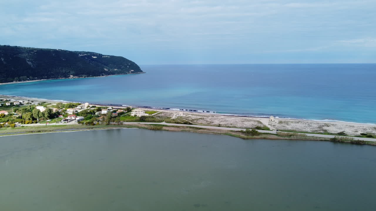 Aerial flying towards beautiful beach in Lefkada, Greece