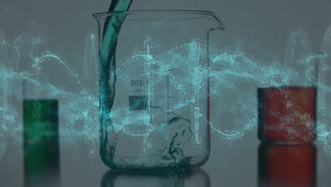 animación de adn girando sobre el líquido que se vierte en el vidrio