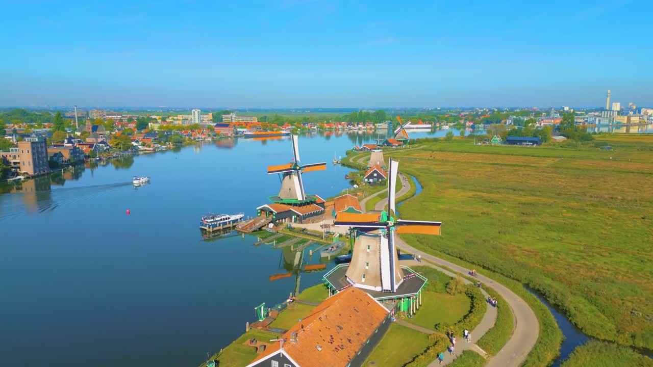 Beautiful Aerial drone footage of still windmills in Zaanse Schans, Netherlands