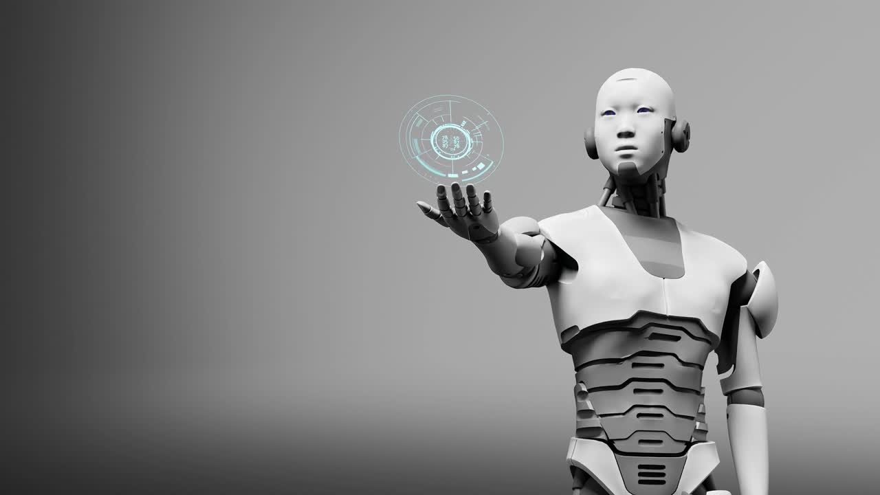 Futuristic humanoid robot prototype cyborg with holographic hologram infographic in 3d rendering animation, artificial intelligence taking over concept