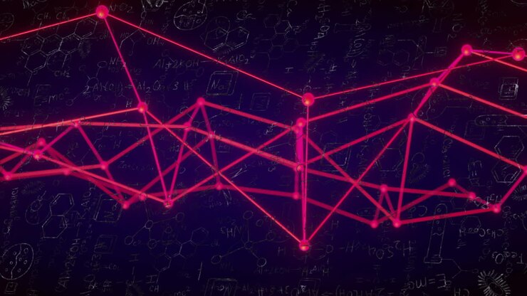 Animation of network of connections over chemical formula on black background