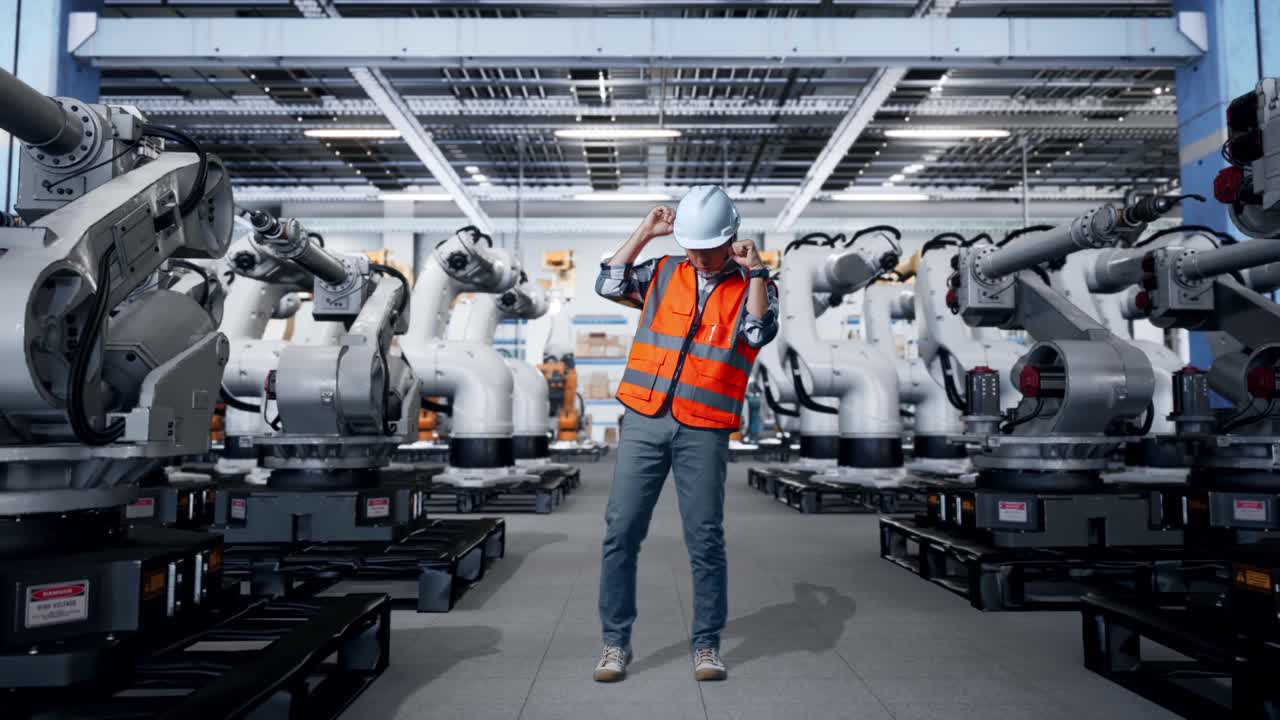 로과 함께 현대 공장에서 춤을 추는 엔지니어