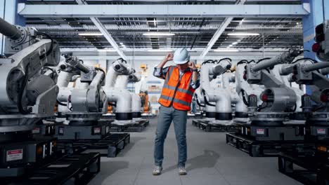 Engineer Dancing in a Modern Factory with Robots