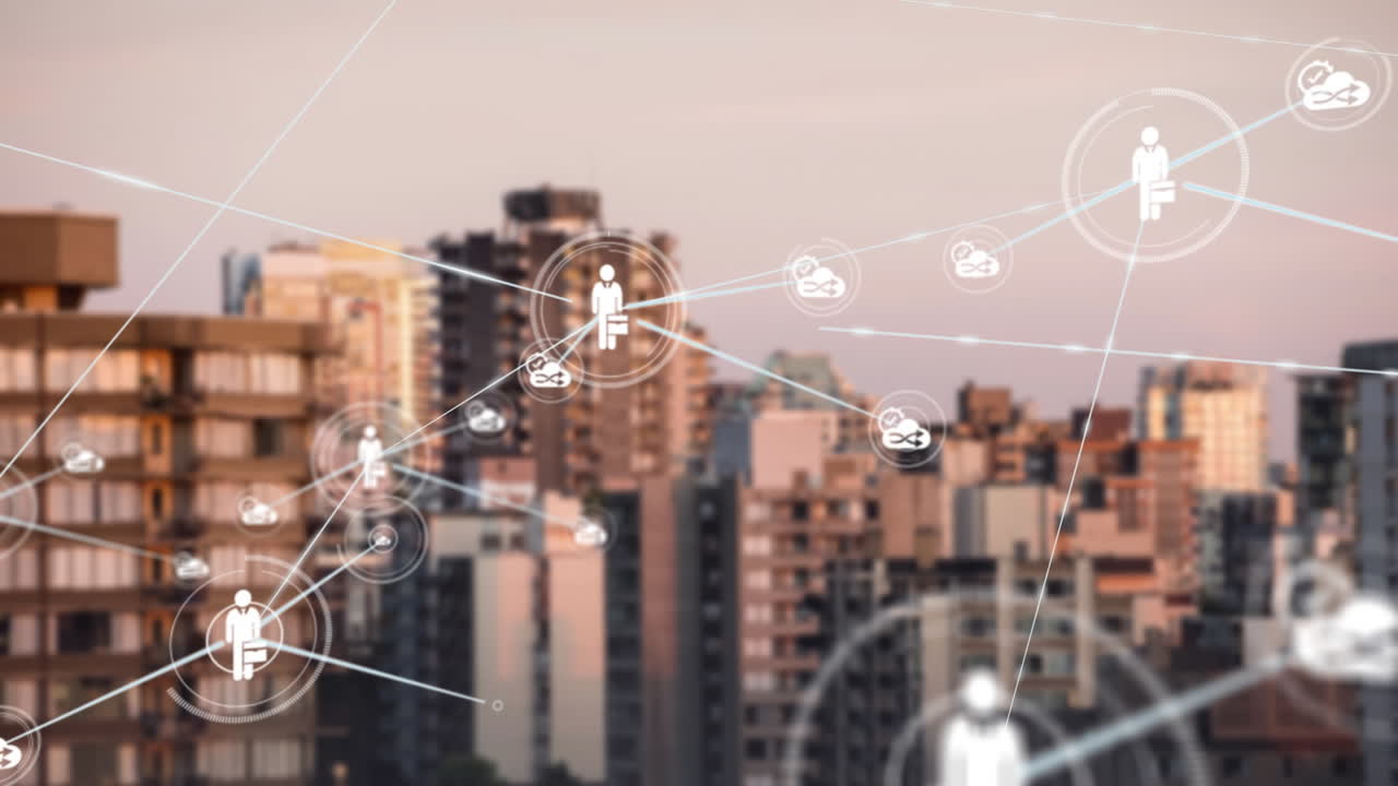 Animation of network of digital icons against aerial view of tall buildings
