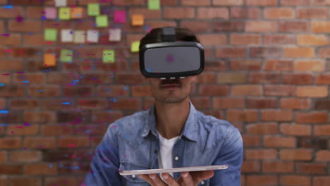 wearing vr headset, man holding tablet with colorful animation effects around