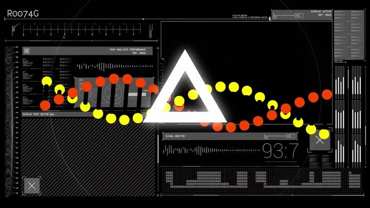 Animatie van een DNA-streng en een driehoek die scant over dataverwerking.