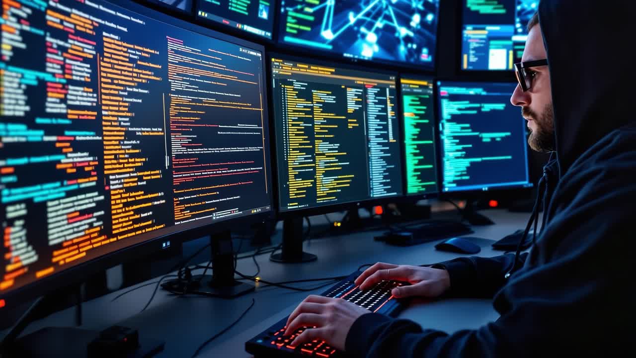 Programmer coding complex software, working intently across dual screens showing vibrant programming languages in dimly lit workspace