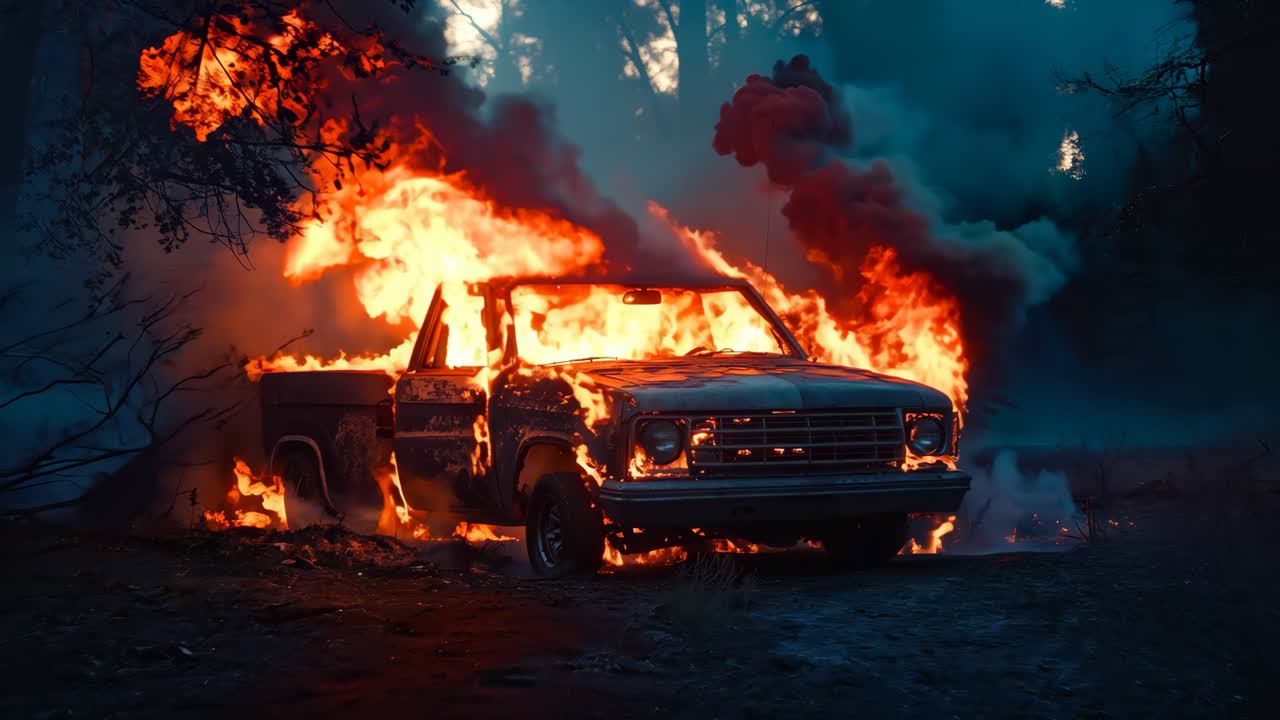 un camión está envuelto por llamas en el bosque
