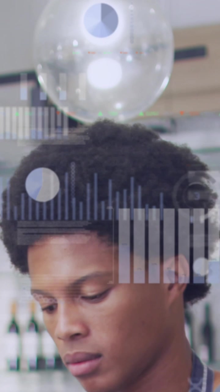 Animation of statistical data processing against close up of a african american waiter at a cafe