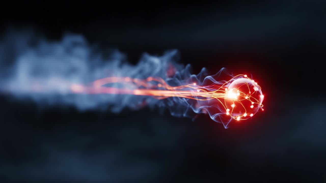 A dynamic and vibrant representation of an energy sphere traveling through an ethereal landscape, showcasing vibrant red light intertwined with wisps of smoke, illustrating motion and intensity in a fantastical setting