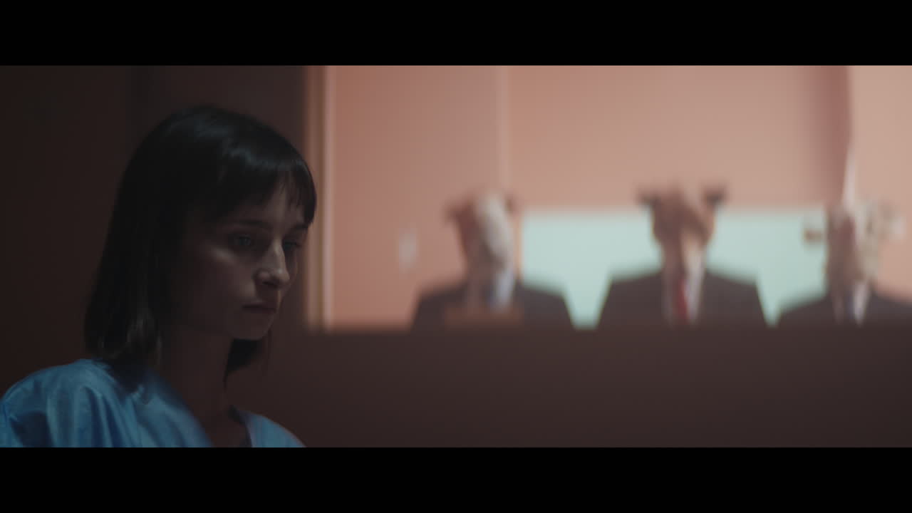 A girl sits at a table and strange figures in animal masks observes her from behind the glass