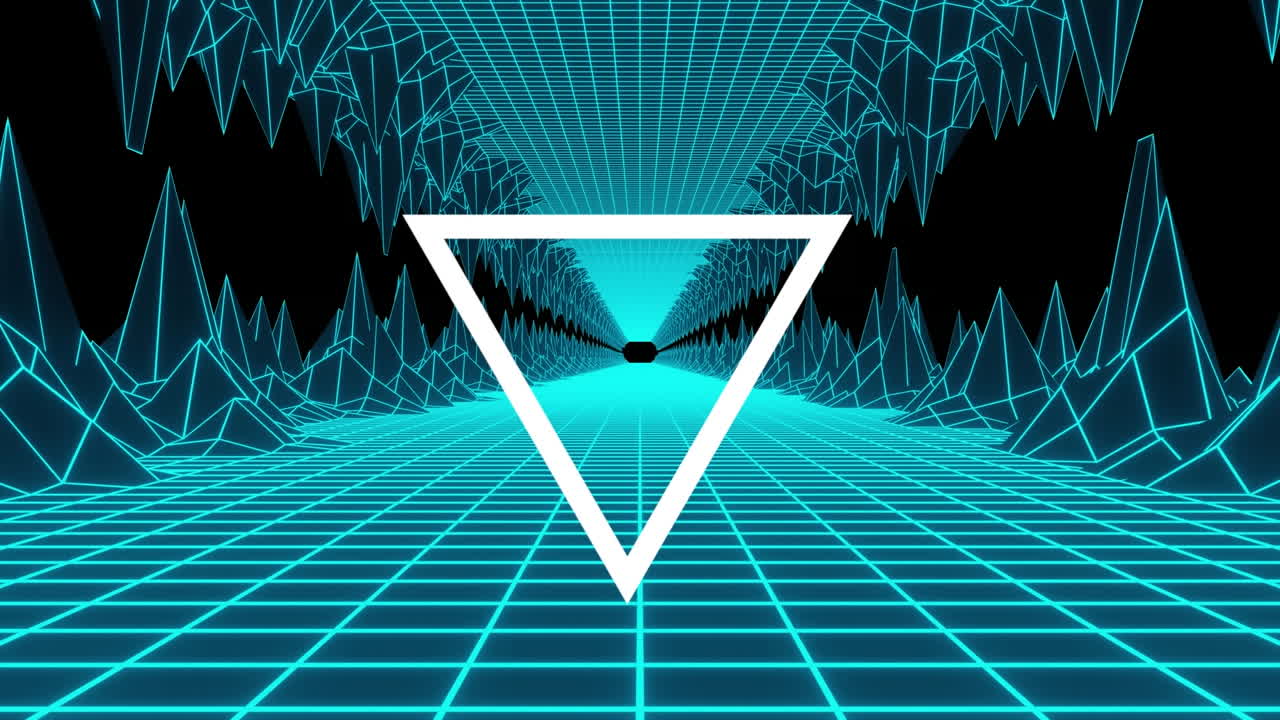 Animation of changing white line shape over neon blue grid and peaks on black background
