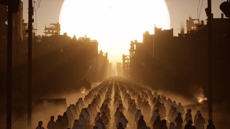 middle eastern dressed refugees walking out from a destroyed ruined city with debris and smoke all around and a huge sunset and the background, 3D animation, animated scene, camera dolly up