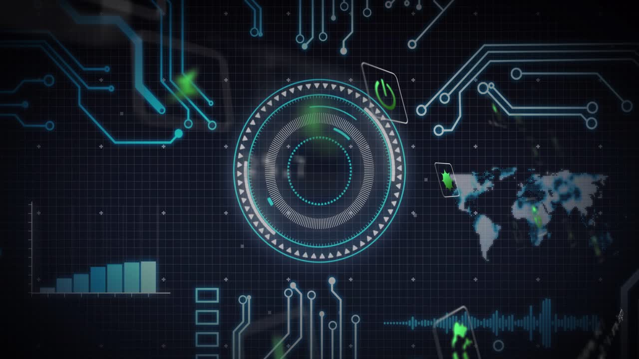 Neon-blue circuits activating HUD rotating-pulsing icons drifting to map bars rising showing data