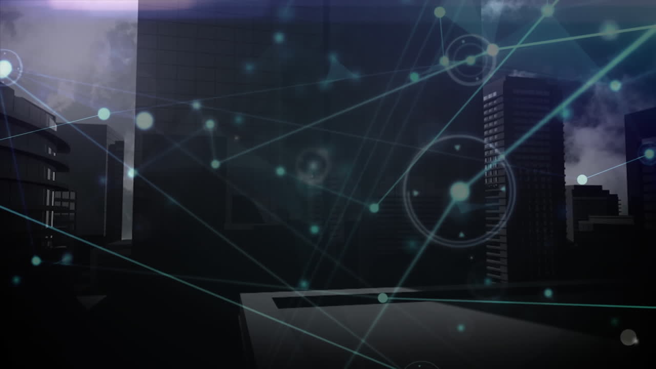 Animation of network of connections and blue glowing trails against tall buildings