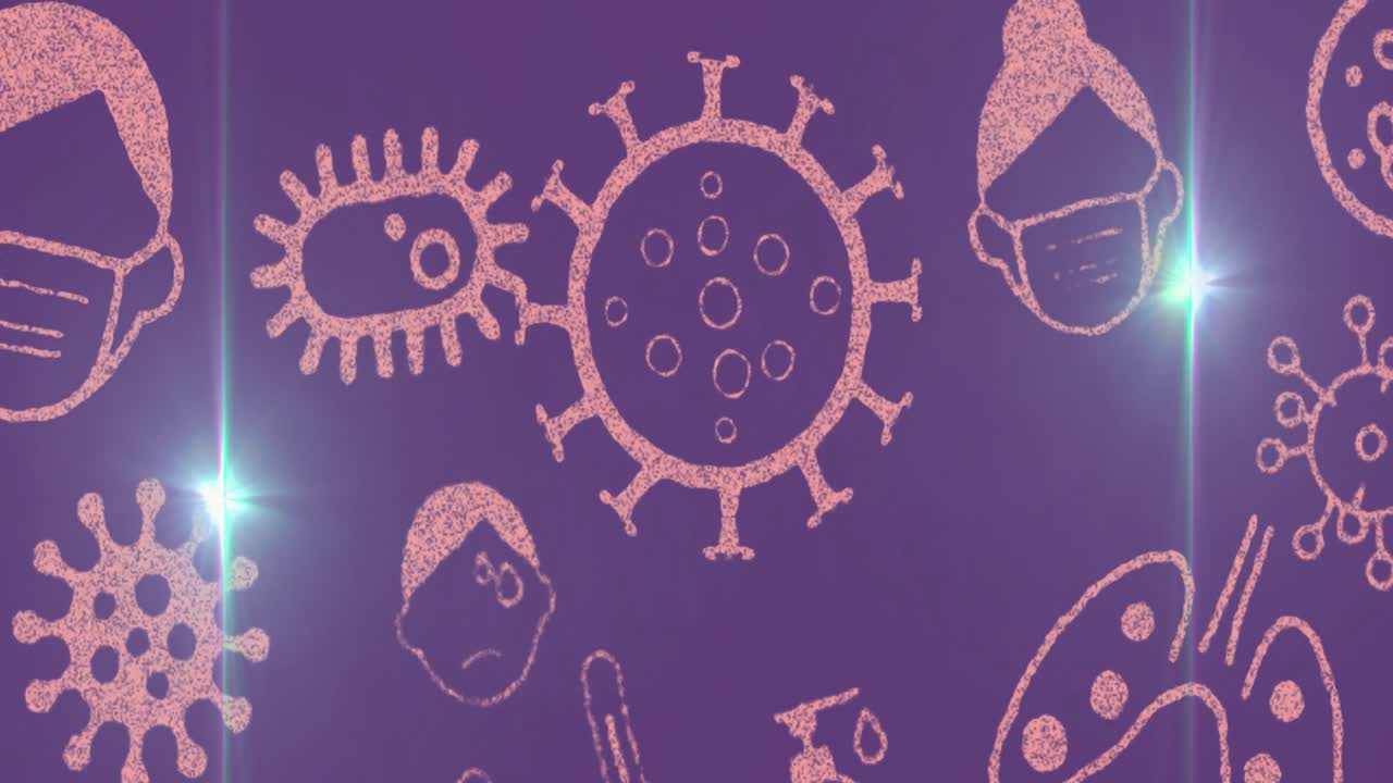 animación de puntos de luz sobre los íconos de la pandemia.