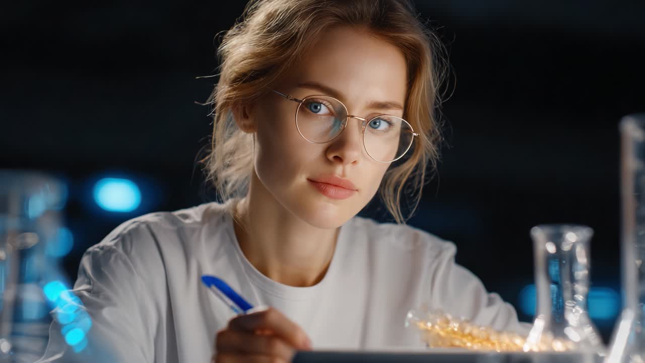 Focused Researcher Conducting Scientific Experiments with Laboratory Equipment, Analyzing Data and Taking Notes in a Dimly Lit Research Environment
