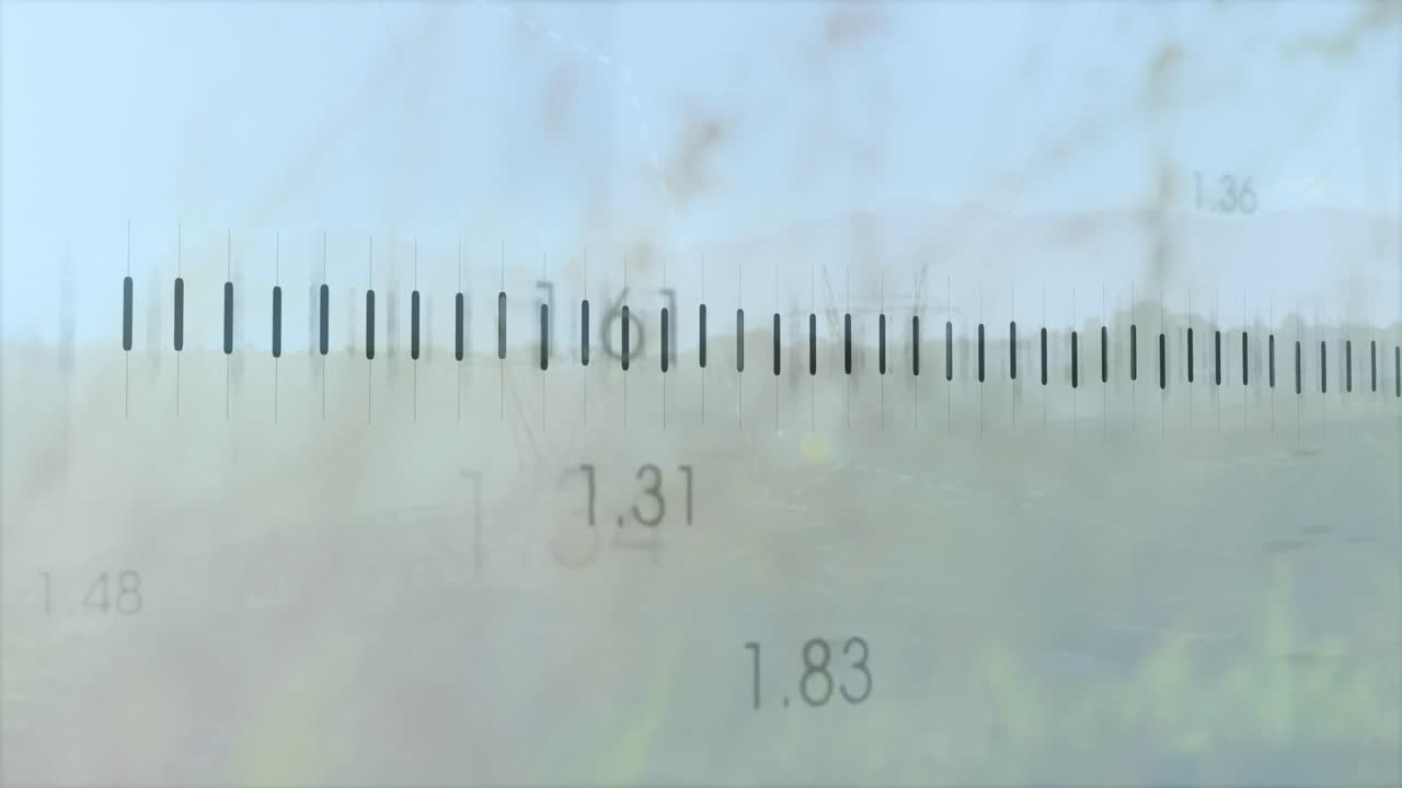 전기 기둥과 풍경 위의 금융 데이터 처리 애니메이션