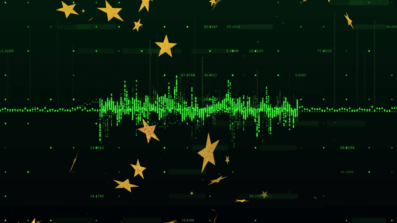Animation of green digital sound wave with floating golden stars on dark background