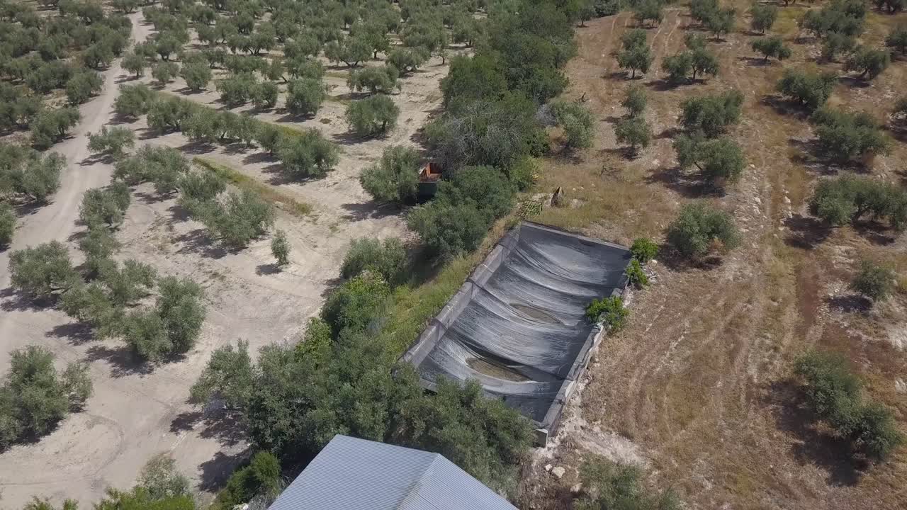 toma aérea inclinada hacia arriba de un almacén de aceite rodeado de olivos en el sur de españa