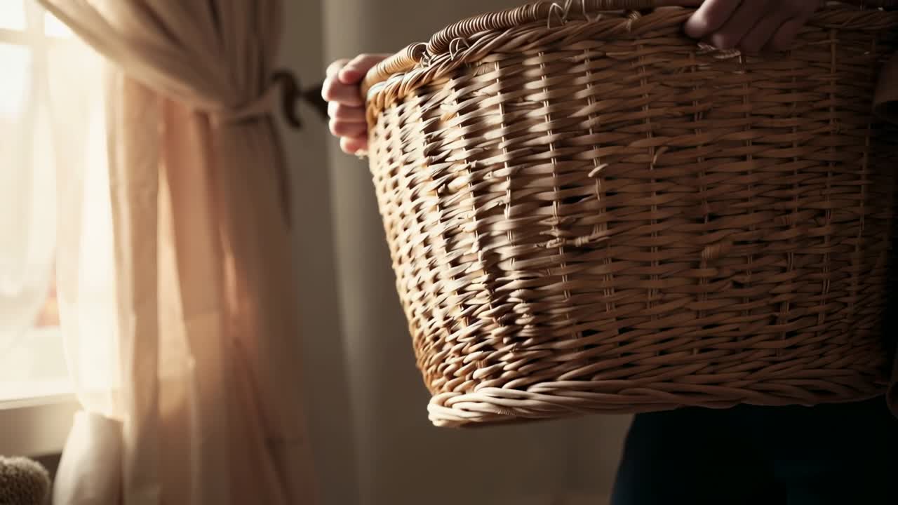 Alisando o cobertor, uma mulher adulta com camisa malva levantando uma cesta de vime na janela para mover objetos.