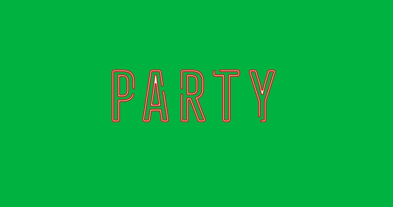 Animazione digitale di un banner di testo "party" rosso neon su sfondo nero