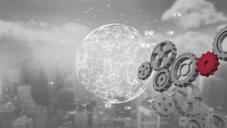 red giratoria de globo con red de datos y conexión con engranajes giratorios