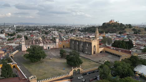 aerial view churches of san pedro cholula and background pyramid