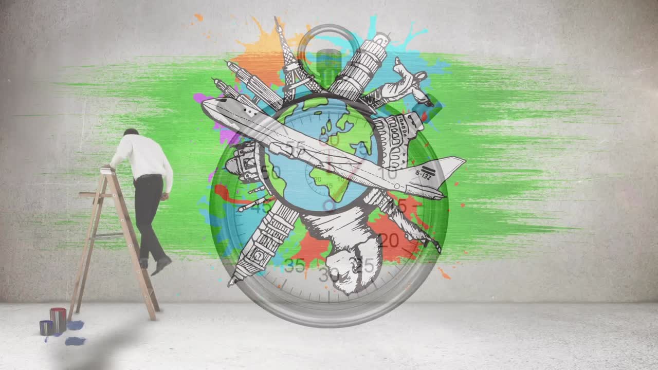 아이콘 과 사업가 가 스 ⁇  워치 위 에 있는 사다리 위 에 있는 지구촌 의 애니메이션