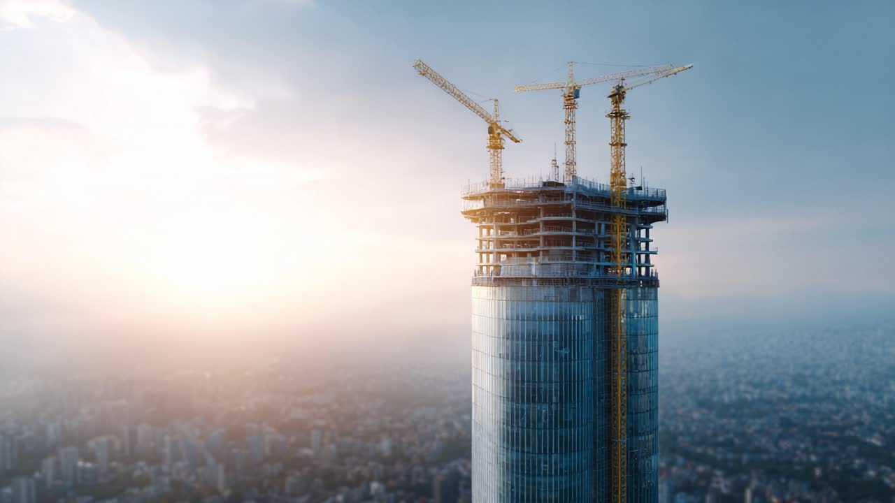 Vista aérea de un rascacielos moderno en construcción con grúas y un perfil urbano de fondo, que muestra el desarrollo arquitectónico y la expansión urbana.