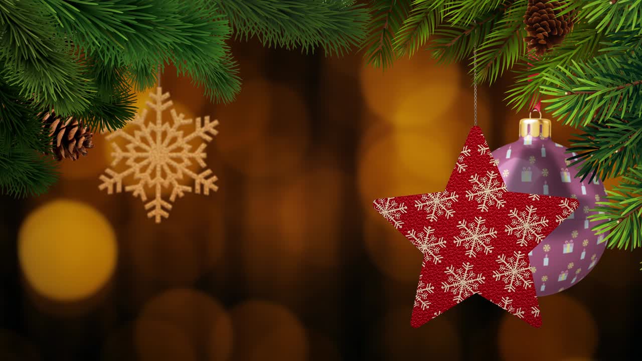 los adornos de navidad y los pinos se balancean en un fondo bokeh en bucle