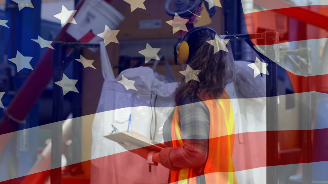 Animazione della bandiera americana che sventola su una donna sullo sfondo