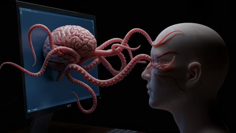 digital art explores connection between human and octopus through surreal interaction at the intersection of technology and nature