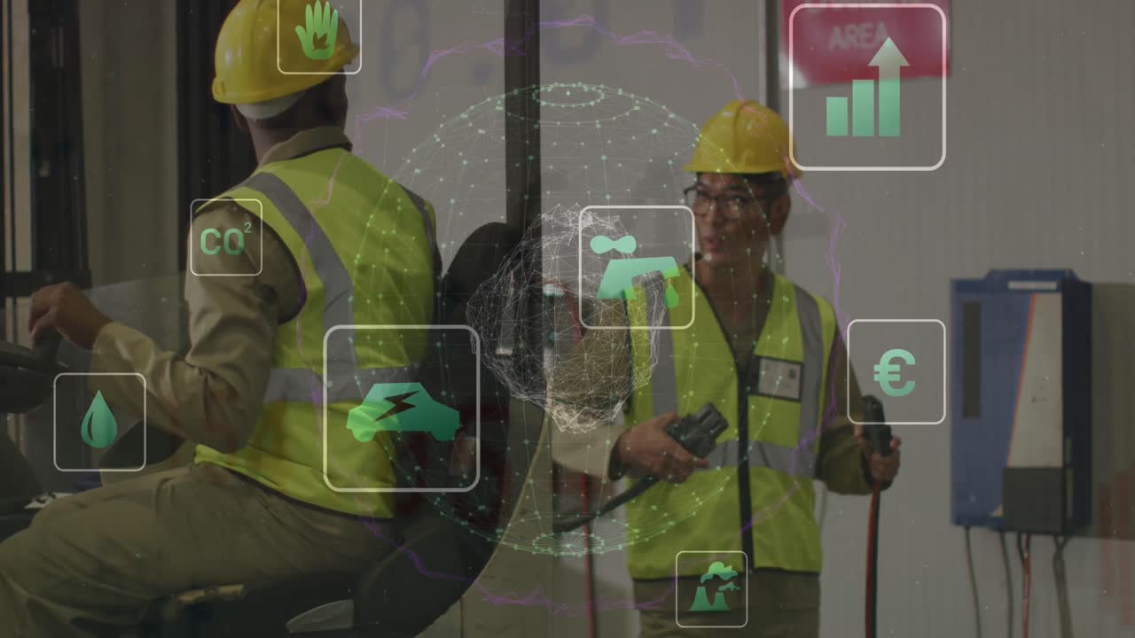 Animation of eco icons and data processing over diverse people working in warehouse