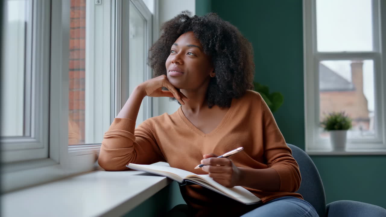Young Black Woman Thinking and Writing in a Notebook by a Window