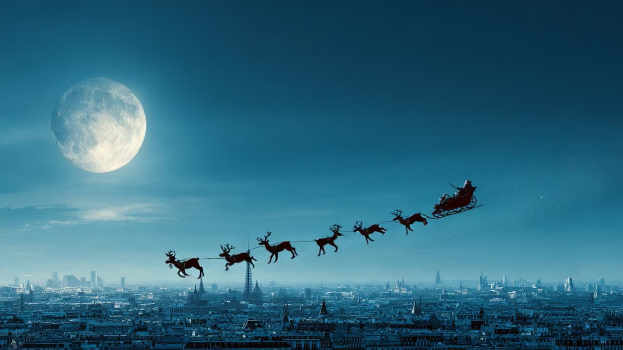 A Magical Night: Santa's Sleigh Gliding Over a City Under the Full Moon, Capturing the Spirit of Joy and Wonder in the Starry Sky