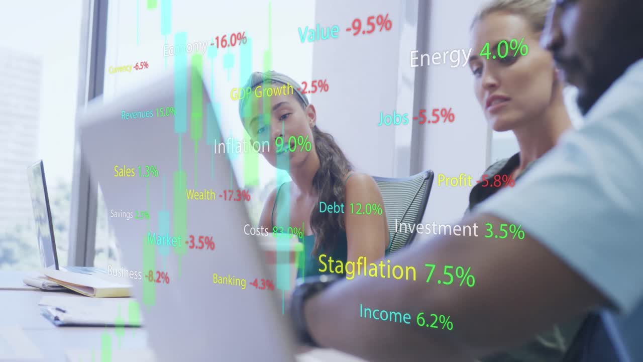 Animation of financial data processing over diverse business people having meeting at office